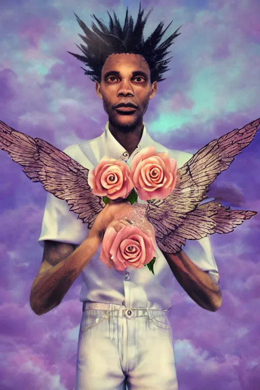 Prompt: milky crystal quartz eyeballs with wings. peach roses, background heavenly sky by basquiat, Trending on artstation. halo. octane render, cinematic, hyper realism, octane render, 8k, depth of field, 3D