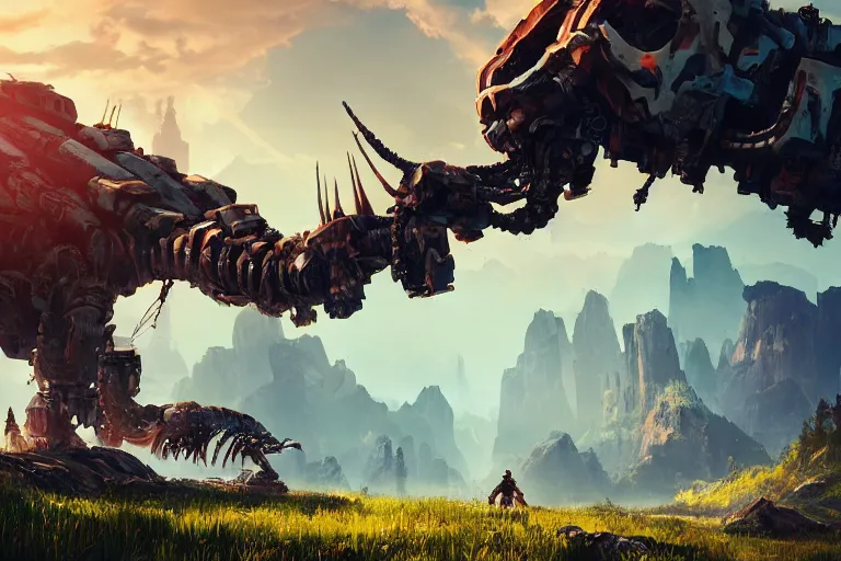 Image similar to tremortusk machine mecanical creature robot of horizon forbidden west horizon zero dawn radiating a glowing aura global illumination ray tracing hdr fanart arstation by ian pesty and alena aenami artworks in 4 k