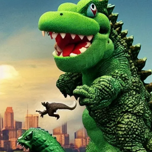 Image similar to yoshi vs godzilla