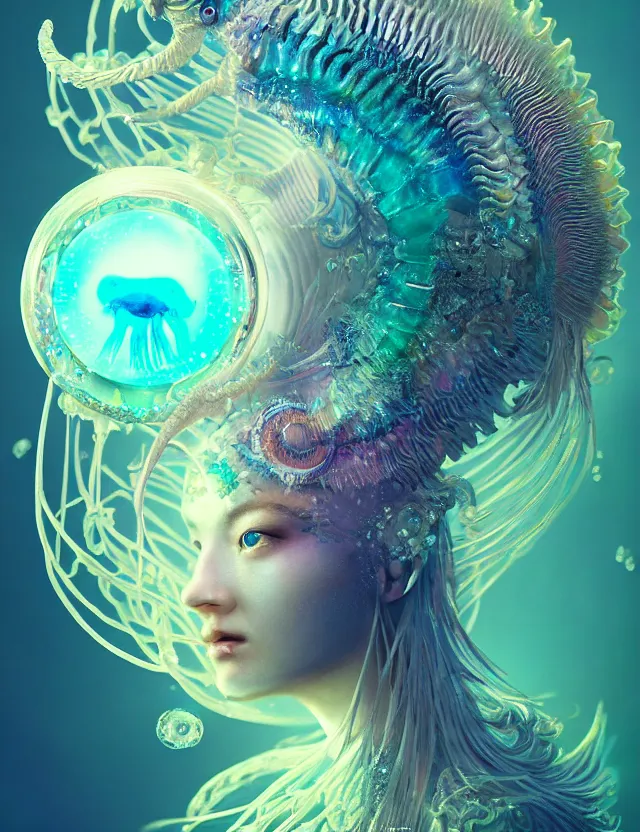 Image similar to goddess macro close - up portrait in crown made of ram skull. betta fish, jellyfish phoenix, bioluminiscent, plasma, ice, water, wind, creature, super intricate ornaments artwork by tooth wu and wlop and beeple and greg rutkowski