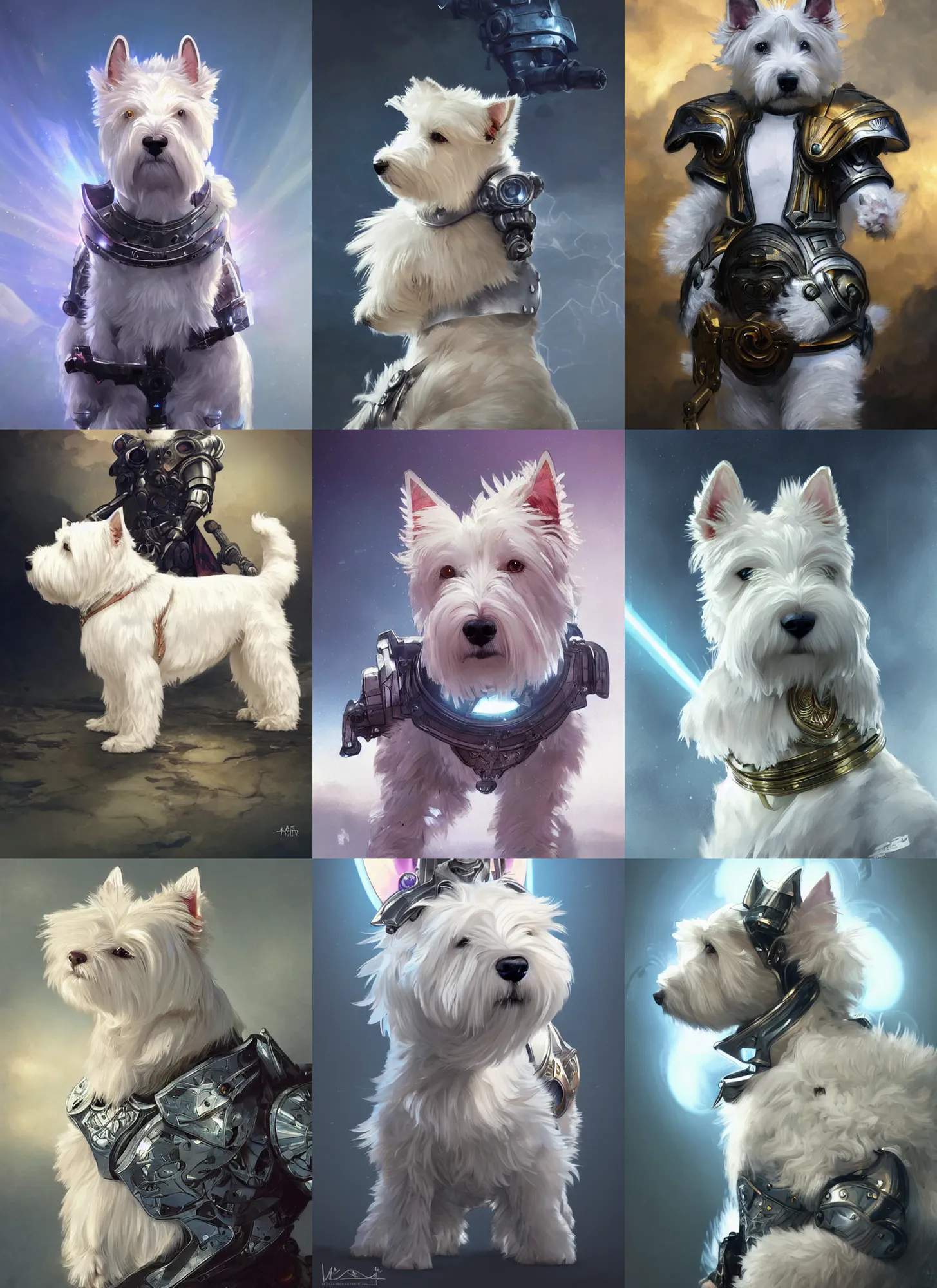 Prompt: a west highland white terrier, anime art style, wearing futuristic, led - lit armor, and a cannon mounted on his back, portrait, high detail, sharp focus, digital painting, artstation, concept art, art by artgerm and greg rutkowski and alphonse mucha.