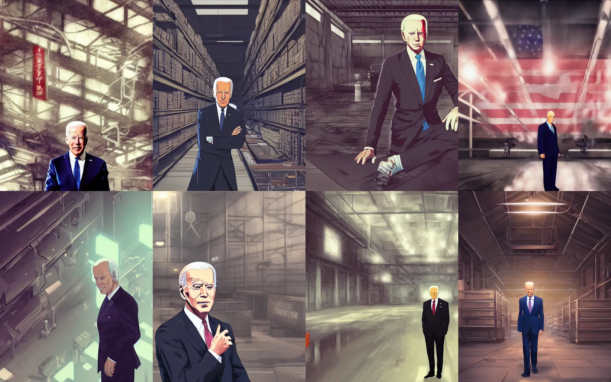Prompt: Digital presidential, anime art by WLOP and Mobius, Joe Biden, serious expression, [[empty warehouse]] background, highly detailed, spotlight