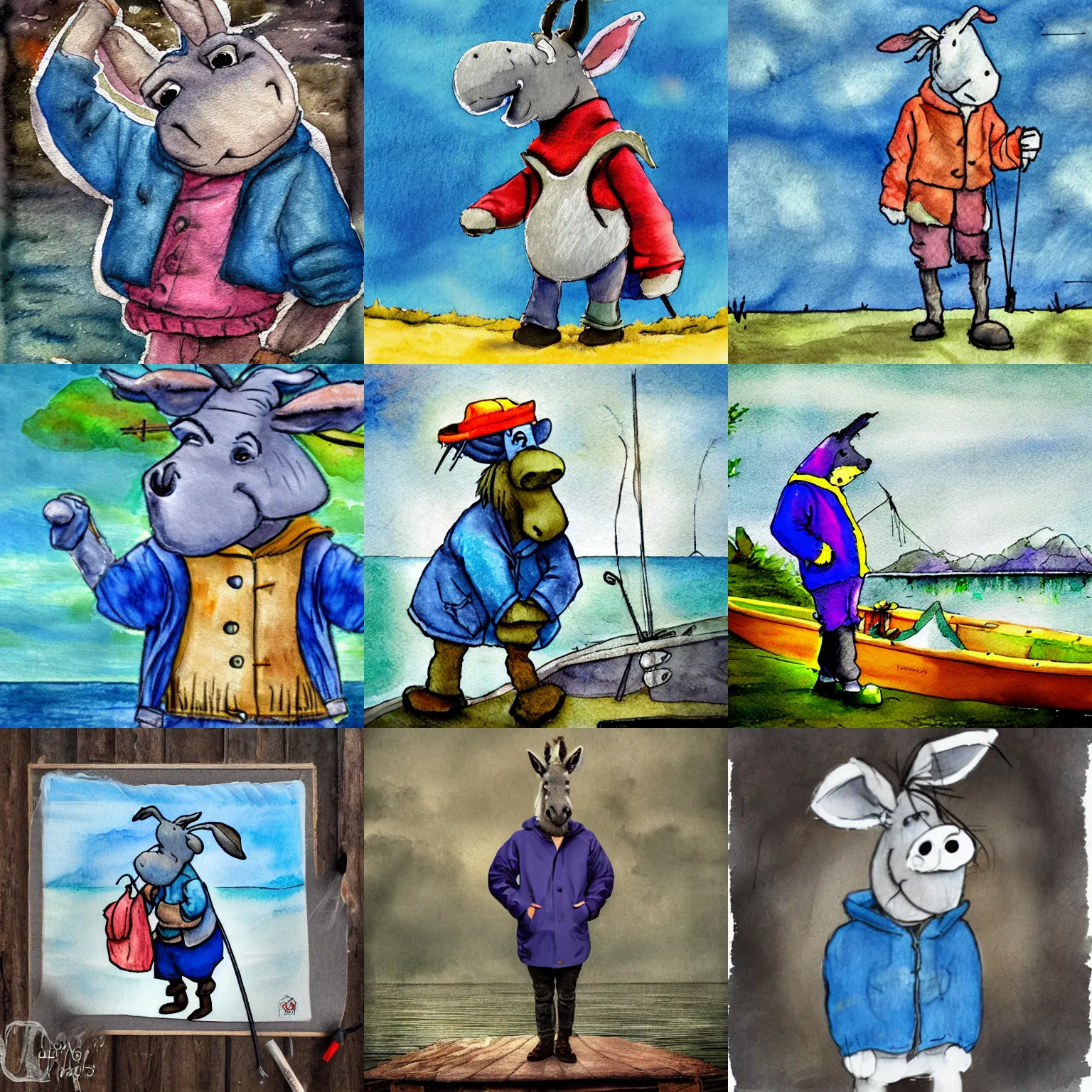 Prompt: donkey Eeyore looking as fisherman in old storm jacket, cartoon, watercolor, bokeh effect