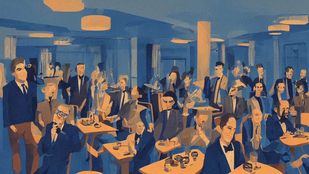 Prompt: A blue neck party at a luxury hotel, in the style of David Lynch, by Wes Anderson, concept art, artstation