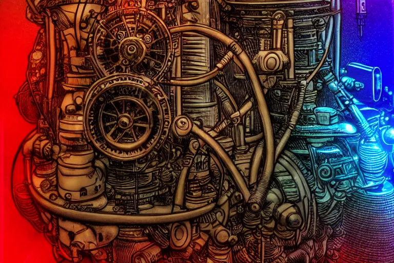 Image similar to steampunk machines!, in the style of john avon and derek riggs and eva widermann, trending on artstation, halfrear lighting closeup view anaglyph filter, bokeh, anime, colored pencil art, belle epoque