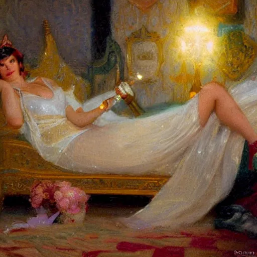 Image similar to Gaston Bussiere painting of D.va (Overwatch) lounging in her bedroom, dramatic lightning, candlelit