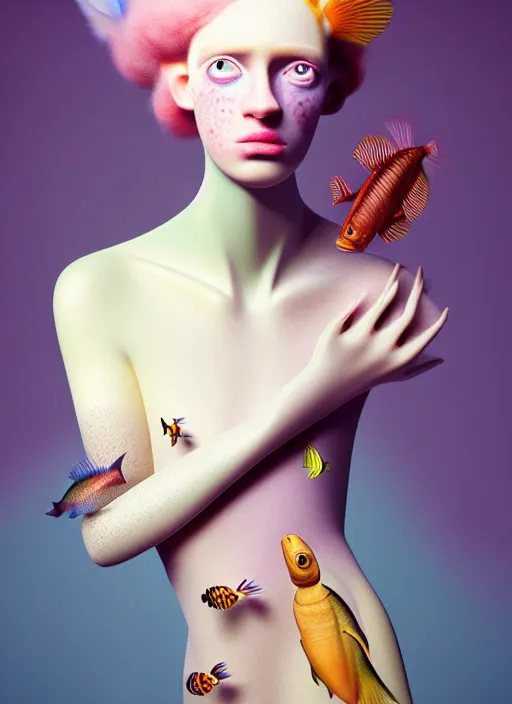 Prompt: Kodak Portra 400, 8K, soft light, volumetric lighting, highly detailed, fine art portrait photography in style of Tim Walker , britt marling face 3/4 morphing with soft pastel colors tropical fishes, metamorphosis complex 3d render , 150 mm lens, soft blur background, bust with intricate details, elegant, hyper realistic, ultra detailed, octane render, etheric, outworldly colours, emotionally evoking, head in focus, fantasy, ornamental, intricate, elegant, 8K, soft light, volumetric underwater lighting, highly detailed, Refined, Highly Detailed, soft lighting colors scheme, fine art photography, Hyper realistic, photo realistic