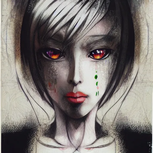 Image similar to Yoshitaka Amano style portrait of an anime girl with white hair and black eyes wearing suit with patterns, abstract black and white background, film grain effect, highly detailed, oil painting