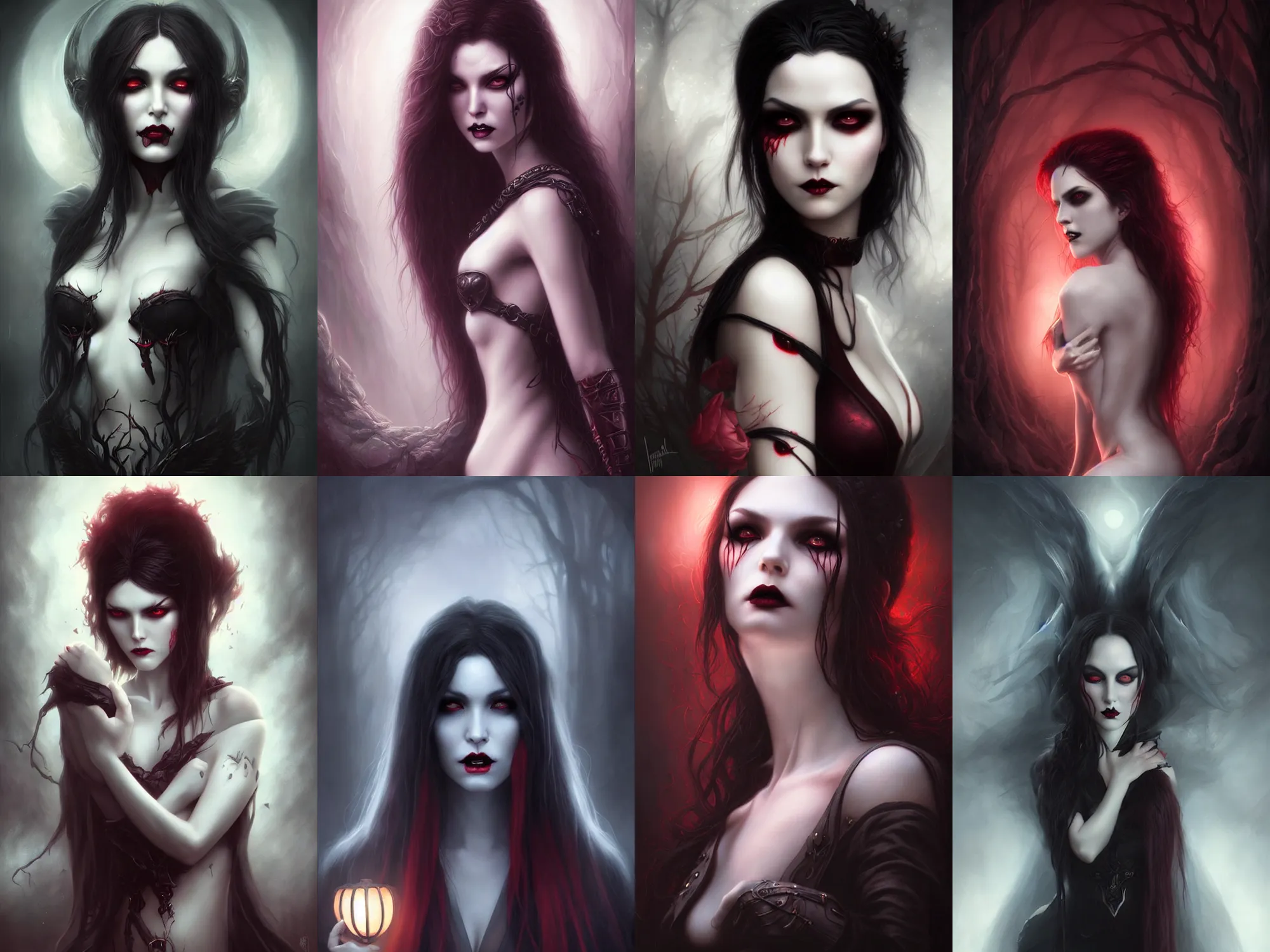 Prompt: a hauntingly beautiful vampiress, painted by artgerm and tom bagshaw, fantasy art, dramatic lighting, highly detailed digital art
