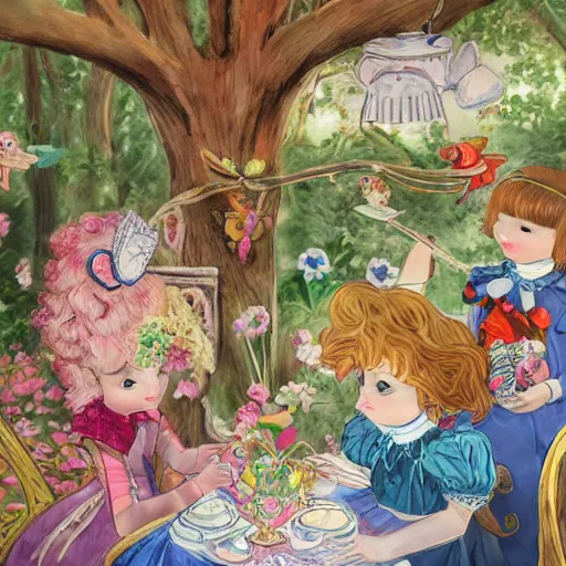 Prompt: A highly detailed and beautiful illustration of an Alice in Wonderland style tea party, with stunningly realistic and sharp focus close up details, by Lulu Chen, for a top-rated and award winning children's book