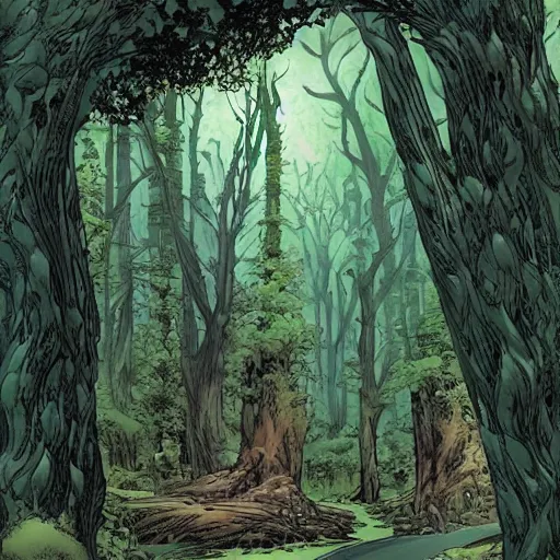 Prompt: a large gateway in the woods that opens to somewhere magical, highly detailed, smooth, sharp focus, bold colours, high contrast, graphic novel, art by ardian syaf and pepe larraz,