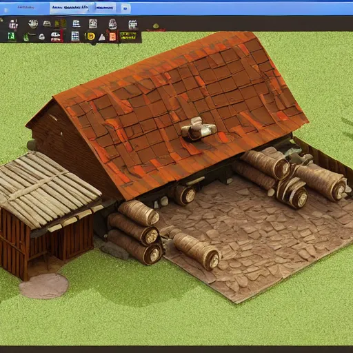 Prompt: upgraded and fancy medieval isometric saw mill building made of lumber and stone, organized processing plant, beautiful design with warm colors, all kind of logs laying around, game asset 3d design