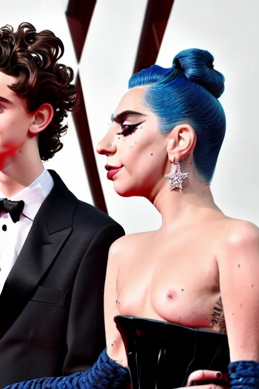 Prompt: timothee chalamet and lady gaga holding hands on the red carpet, beautiful detailed faces, canon eos