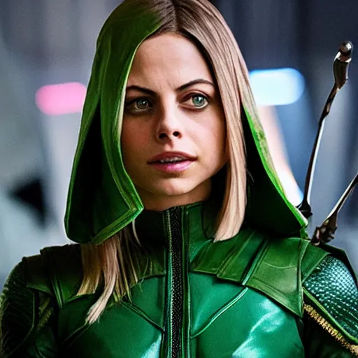 Image similar to film still of willa holland as an attractive female green arrow in the 2 0 1 7 film justice league, bleach blonde hair, focus - on - facial - details!!!!!!!!!!!!, minimal bodycon feminine costume, dramatic cinematic lighting, inspirational tone, suspenseful tone, promotional art