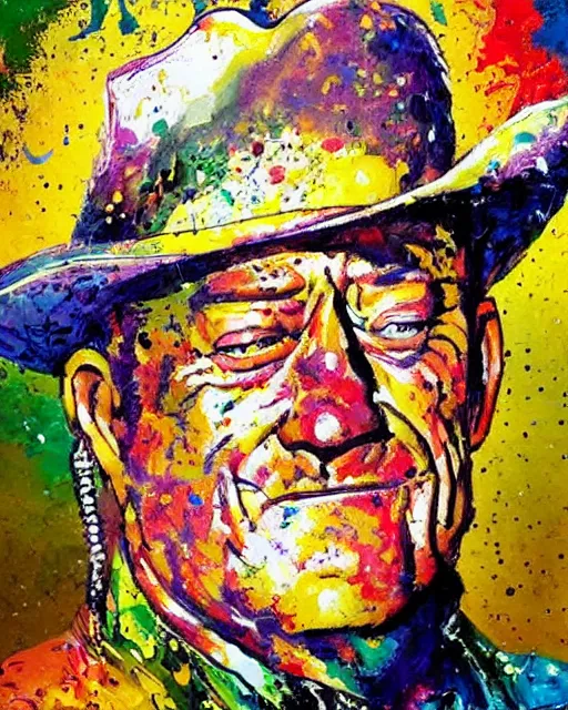 Prompt: abstracted John Wayne painted in extremely thick, glistening impasto splatter paint, in muted colors, in impressionist styles