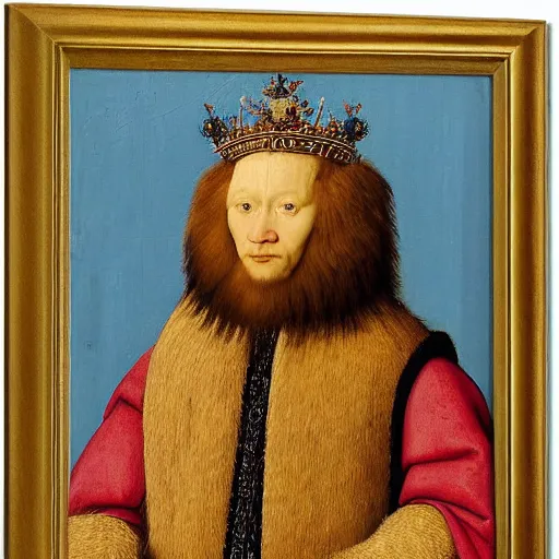 Image similar to portrait of a king with a lions head for a head, oil painting by jan van eyck, northern renaissance art, oil on canvas, wet - on - wet technique, realistic, expressive emotions, intricate textures, illusionistic detail