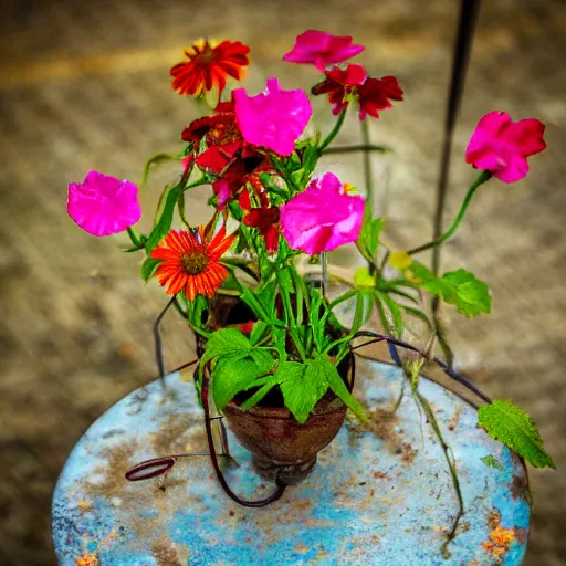 Image similar to flowers growing out of a decayed lamp