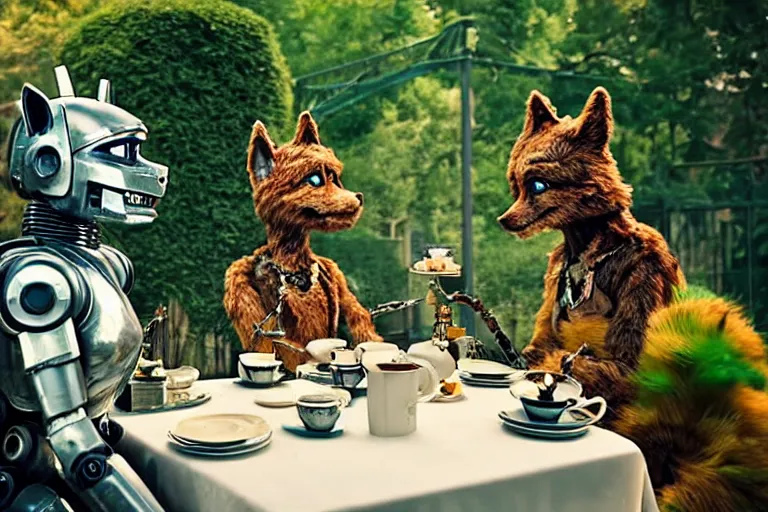 Image similar to film still from the movie chappie of the robot chappie shiny metal outdoor park plants garden scene bokeh depth of field several figures sitting down at a table having a delicious grand victorian tea party furry anthro anthropomorphic stylized cat ears wolf muzzle head android service droid robot machine fursona