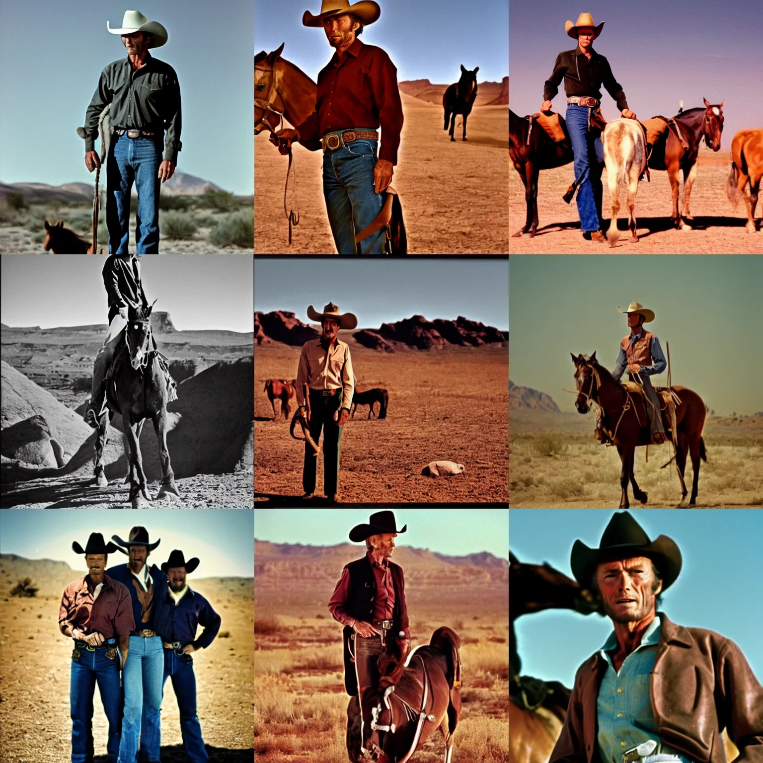 Prompt: off angle shot in color from 1 9 6 9 of clint eastwood as a cowboy, standing with hands on colts. desert in the background. cinematic, 5 0 mm lens