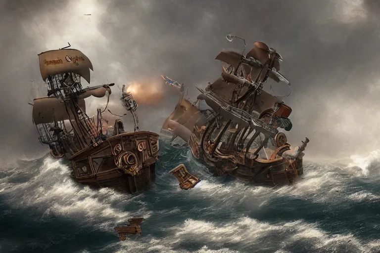 Image similar to epic pirate ship cannon battle in a storm, in the style of vernon grant and chris van allsburg, raging stormy sea, trending on artstation, bright tilt - shift camcorder effect, photoshop, retrowave, hyperrealism, octane, sharp focus, masterpiece