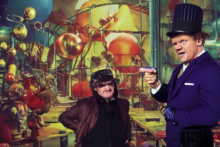 Prompt: A mixed media painting of gordon ramsay yelling at willy-wonka during a tour of the chocolate factory on kitchen nightmares, by Frank Frazetta, Greg Rutkowski, Beeple, post-processing, low angle, masterpiece, cinematic, isometric, volumetric lighting, oompa loompas in background