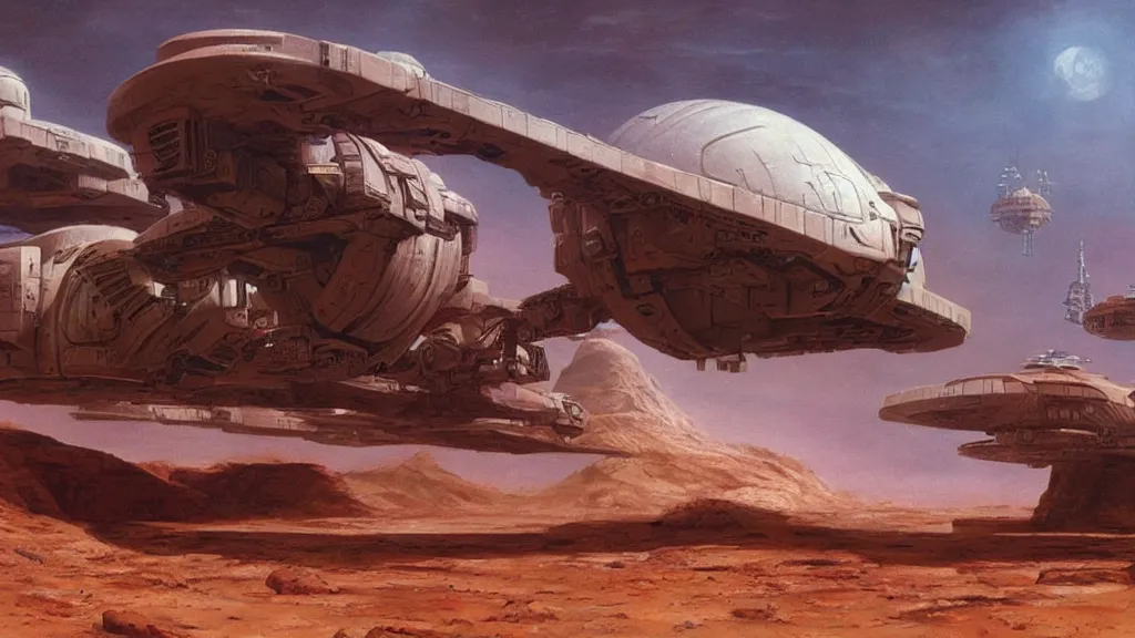 Image similar to organic dropship lander by john schoenherr and jim burns, epic cinematic matte painting