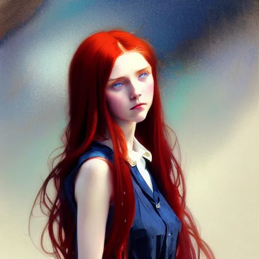 Image similar to portrait of teenage girl with long glossy red hair, blue eyes, fashion model features, fantasy, intricate, elegant, dress shirt and tie, highly detailed, digital painting, artstation, concept art, smooth, sharp focus, illustration, art by Krenz Cushart and Artem Demura and alphonse mucha