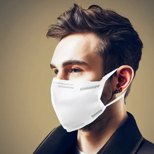 Image similar to professional digital art of a young adult man with a stylish face mask, earrings, and dark clothes, high quality, HD, 8K, highly detailed