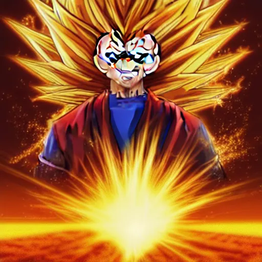 Prompt: portrait of Donald Trump from dragon ball z with glowing golden aura flying over a desert field, super saiyan 3, yellow spiky hair, high quality photo