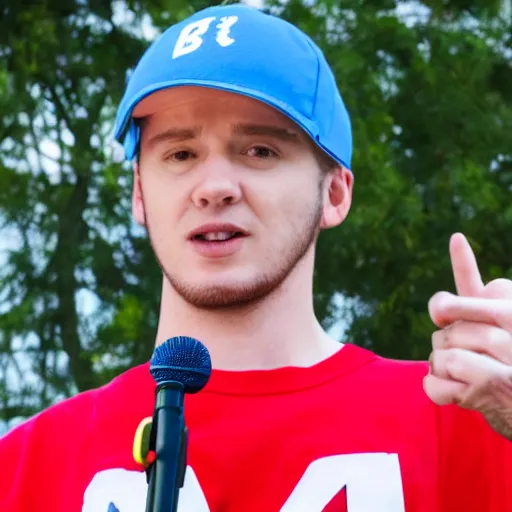 Image similar to a full body shot of an average white, short young - adult man with blue dyed hair holding a microphone, wearing a red backwards cap, white t - shirt with a red no symbol on it, blue long pants and red shoes