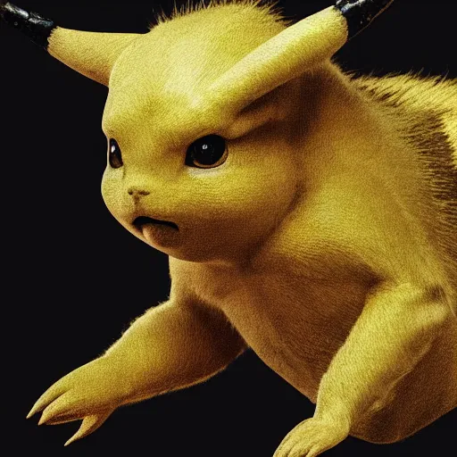 Image similar to portrait of Pikachu as a demonic creature with translucent skin, visible muscles and veins and arteries and bones and spines and nerves, beautiful detailed intricate insanely detailed octane render, 8k artistic photography, photorealistic, chiaroscuro, by David Cronenberg, Raphael, Caravaggio