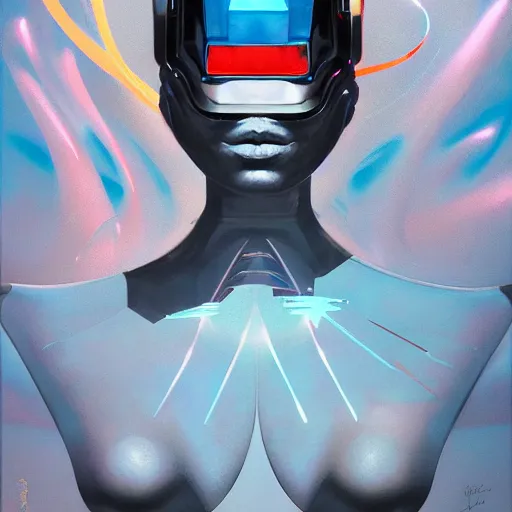 Image similar to scifi futurism automaton minimalism chrome by peter mohrbacher art Hajime Sorayama airbrush hyperrealism model abstract shatter fragments cubism futurism pastel blue soft flat minimal minimalism portrait face jackson pollock ukiyo-e lithograph mark ruthko swirl escape noise shimmer glow paint