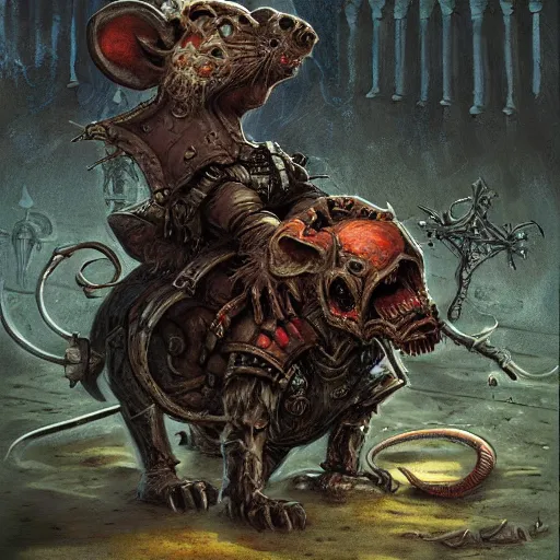 Image similar to a necromancer riding a rat, doom, horror scenery, by Keith Thompson