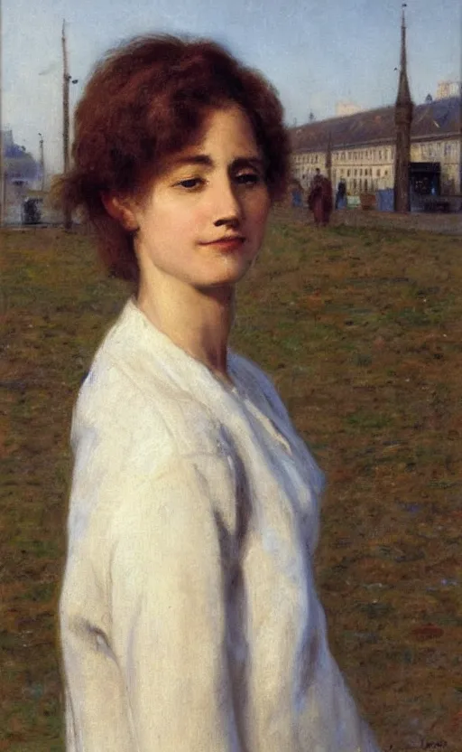 Prompt: portrait by eugen von blaas! woman!! short brown hair!! fuzzy hair! looking away!! train station in the background!!!
