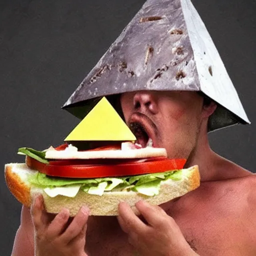 Prompt: Pyramid head trying to eat a sandwich