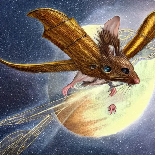 Image similar to a mouse wearing steampunk wings flying through Jupiter, fantasy illustration