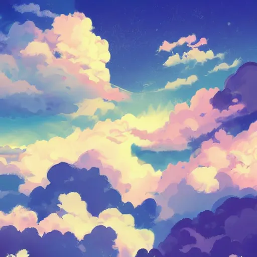 Prompt: simple anime clouds, midday, digital art, trending on artstation, gradient colors, slight fisheye perspective