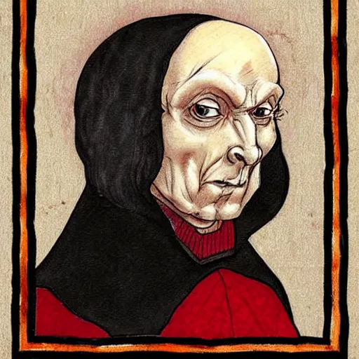 Image similar to d & d painting portrait necromancer man with bald head, red eyes, pallid skin, long flowing black and red robes. in style of leonardo davinci