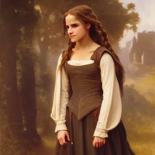 Image similar to Painting of Emma Watson as Hermione Granger standing next to Natalie Portman as Padme Amidala. Art by william adolphe bouguereau. During golden hour. Extremely detailed. Beautiful. 4K. Award winning.