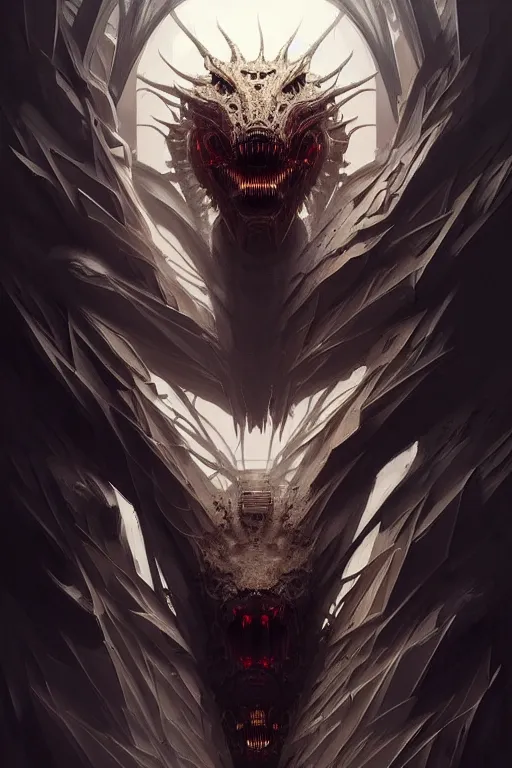 Image similar to professional concept art portrait of a terrifying! mechanical predatory! fractal! species in a dark room by artgerm and greg rutkowski. an intricate, elegant, highly detailed digital painting, concept art, smooth, sharp focus, illustration, in the style of cam sykes.