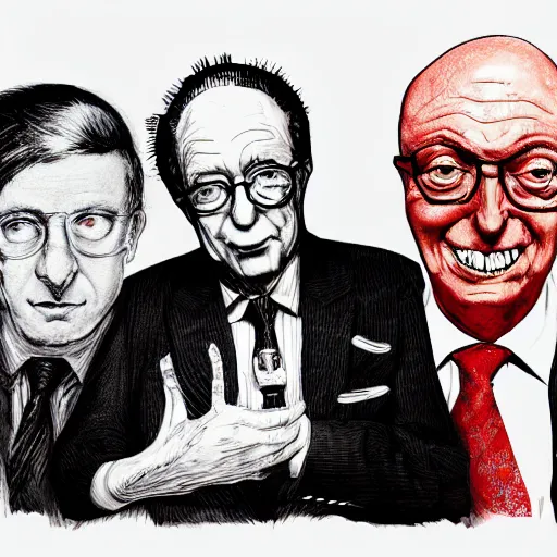 Image similar to Jacob Rothschild and george soros and bill gates and Klaus Schwab by Ralph Steadman illustration dollar bills, body horror, evil, scribbles biopunk, 8k , trending on artstation