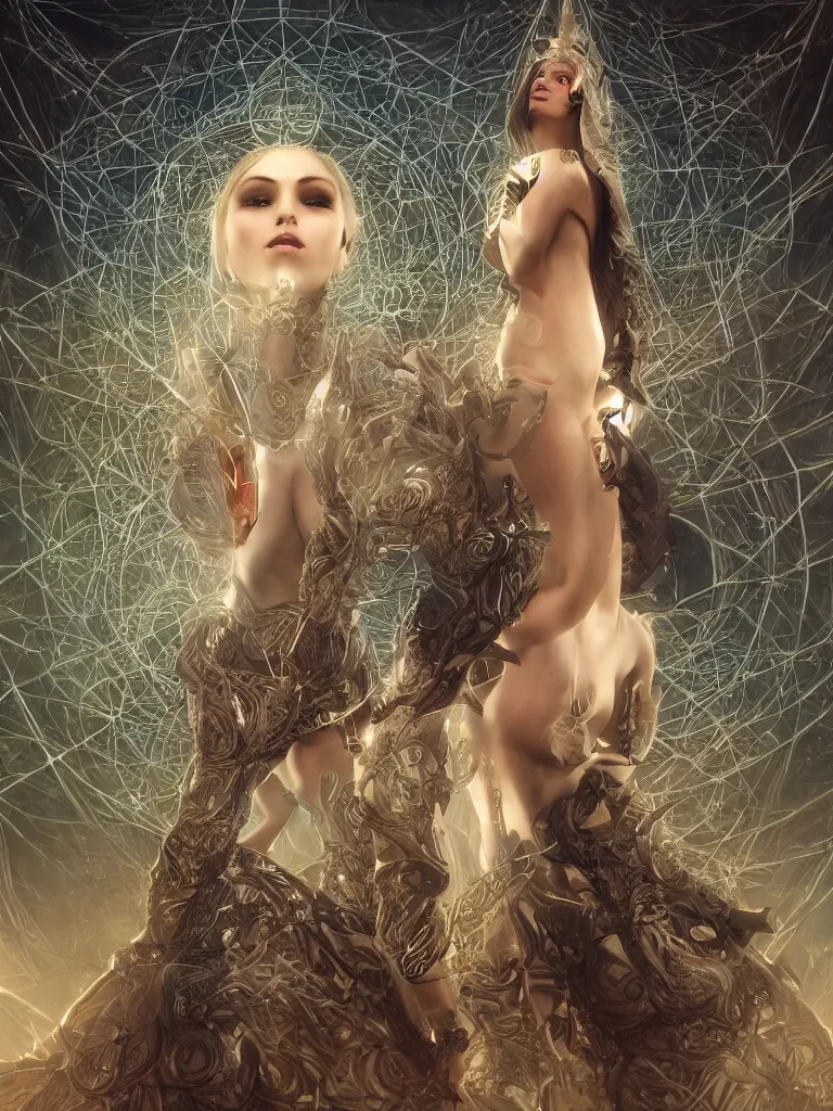 Image similar to a photo of her a mystical goddess woman covered in modular synthesizer parts surrounded by sacred geometry made from elven architecture, full body, perfect face, powerful, cinematic, beautifully lit, by ross tran, by karol bak, 3 d, octane render, 8 k