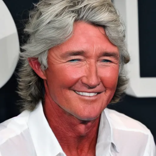 Image similar to patrick duffy mixed with iggy pop, he has very long straight grey hair, wearing a white shirt