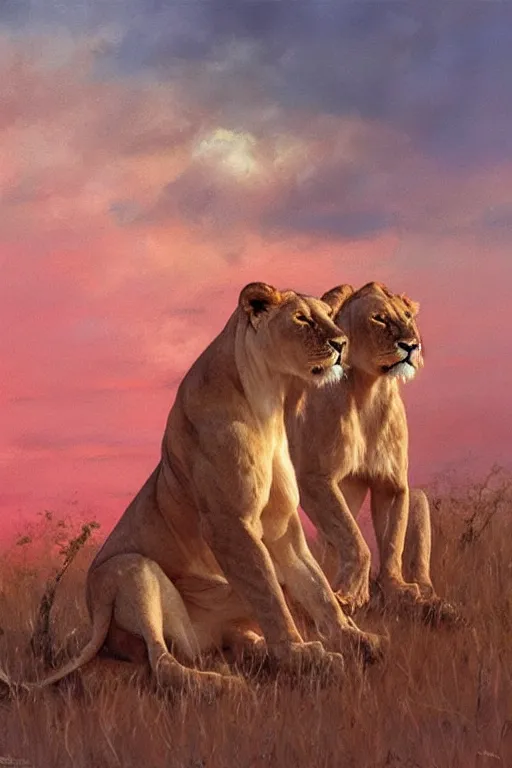 Image similar to spiritual twin flame lioness hunting art, pink sunset hue, highly detailed, oil painting hue, by craig mullins