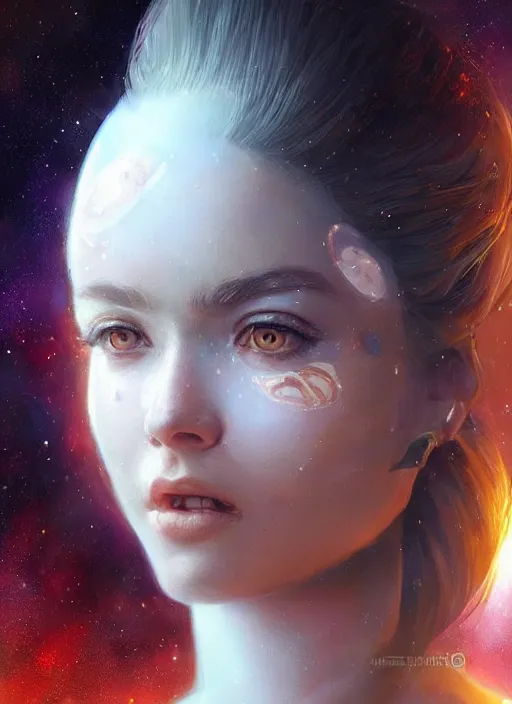 Prompt: a beautiful woman in a space themed ballgowm. beautiful highly detailed face. painting by artgerm and greg rutkowski and magali villanueve.