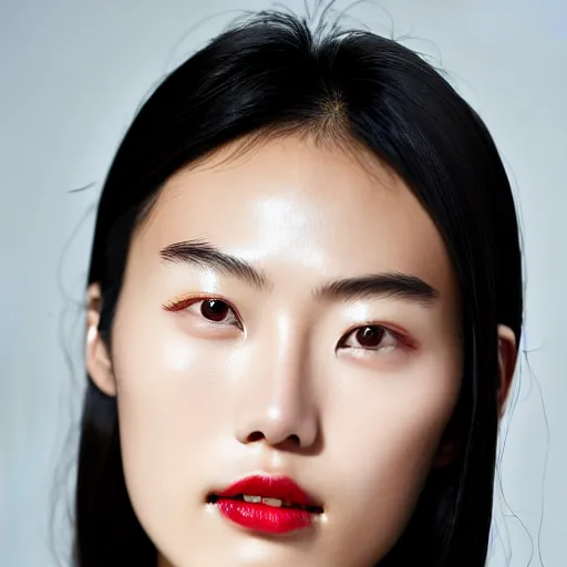 Image similar to close up photo portrait Liu Wen, beautiful face, no body, photoshoot, real-life skin, skin care, light makeup, faint red lips, slicked back hair, diffuse lighting,