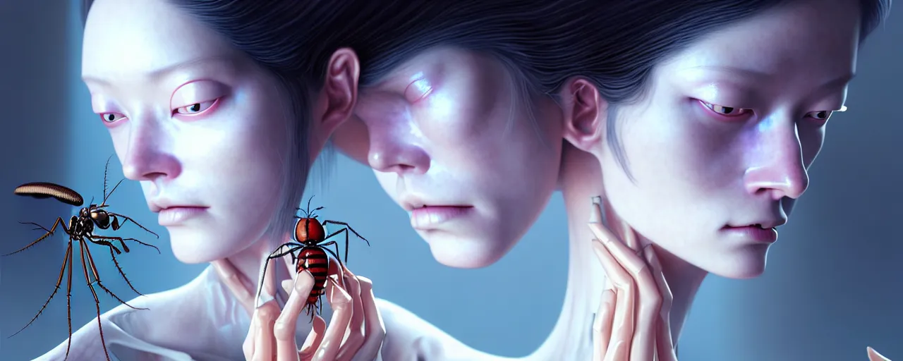 Image similar to hyperrealistic photography of a gorgeous female scientist constructing an insect - making machine in the style of jin kagetsu, james jean, chris cunningham, hans bellmer and wlop, highly detailed, face symmetry, masterpiece, award - winning, sharp focus, intricate concept art, ambient lighting, 8 k, artstation