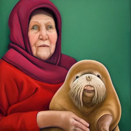 Prompt: portrait of a babushka with pet miniature walrus