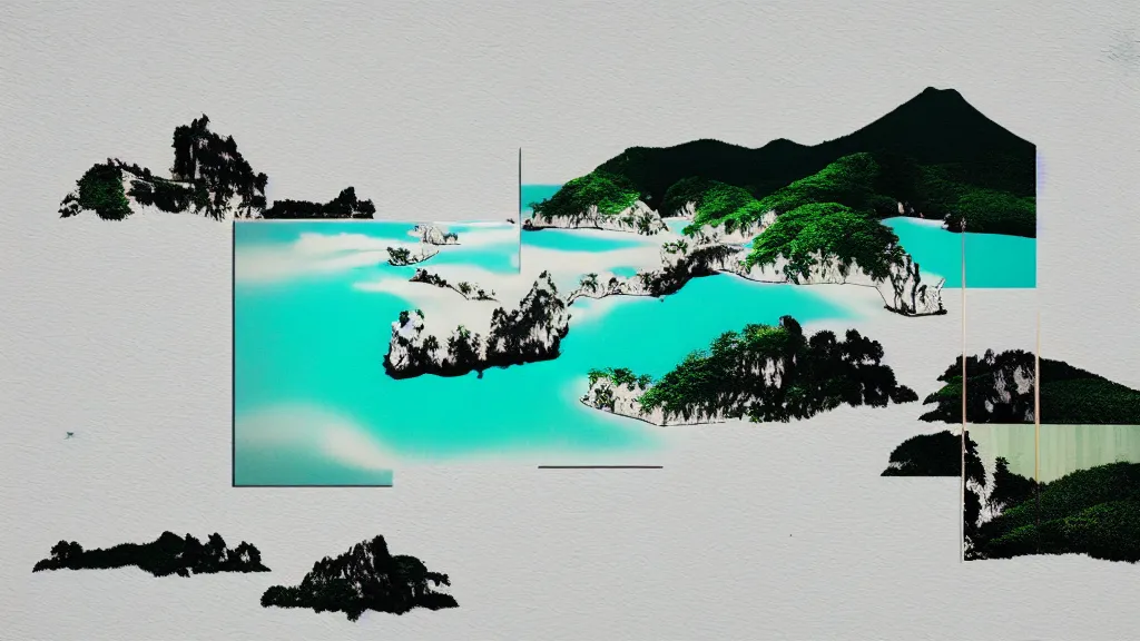 Image similar to dramatic landscape of okinawa prefecture, japan, a collage painting, in the style of wes anderson, lola dupre, david hockney, isolated on negative white space background dark monochrome neon fluorescent spraypaint accents volumetric octane render