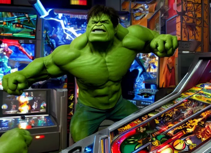 Image similar to film still of hulk playing pinball in the new avengers movie, 4 k